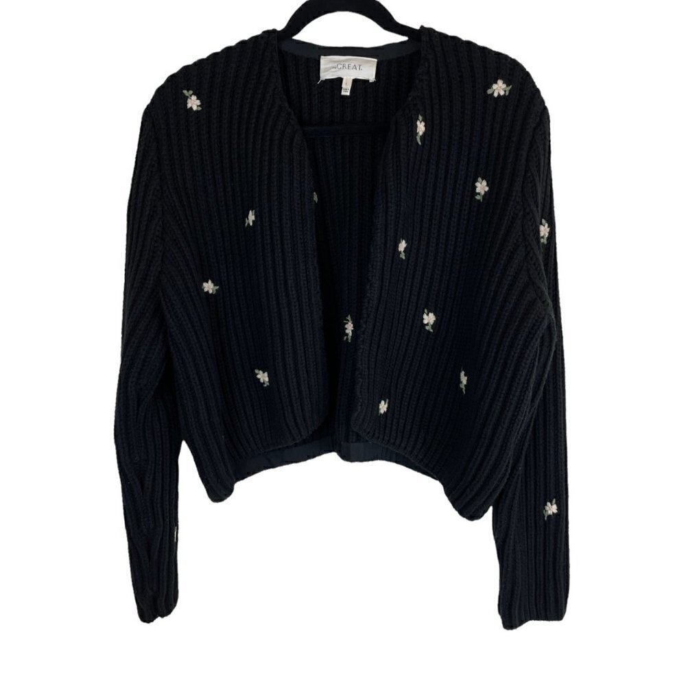 The Great Flower Embroidery Ribbed Cable Knit Crop Cardigan Black Size 1
